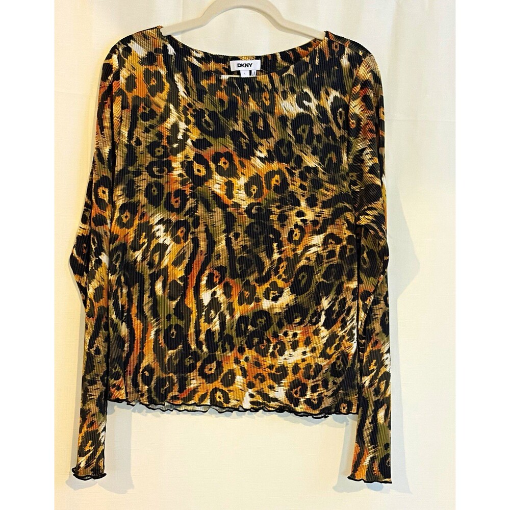 DKNY Women's Multicolor Animal Print Pleated Round Neck Knit Top L
